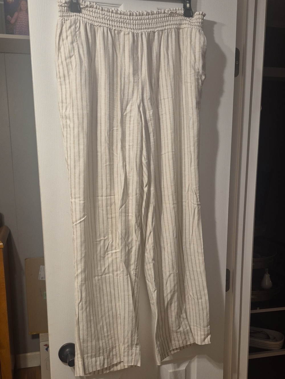 Women's Cream Striped Elastic-Waist Wide-Leg Pants